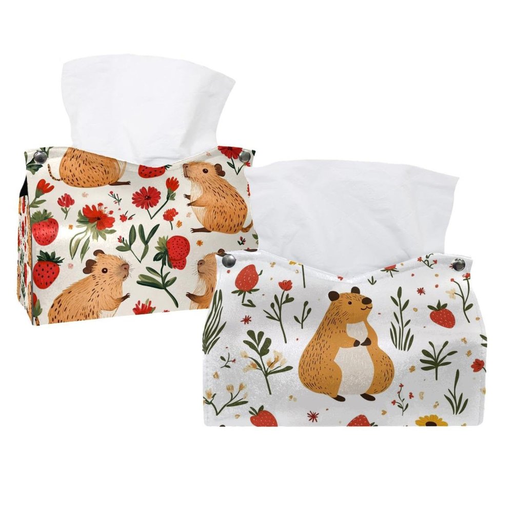 2 pack Capybara Floral (15) Tissue Box Cover, Decorative Tissue Box Dispenser for Bathroom, Parlors, Office, Bedroom Dresser, Vanity Countertop, Nightstand, Car, and Desk