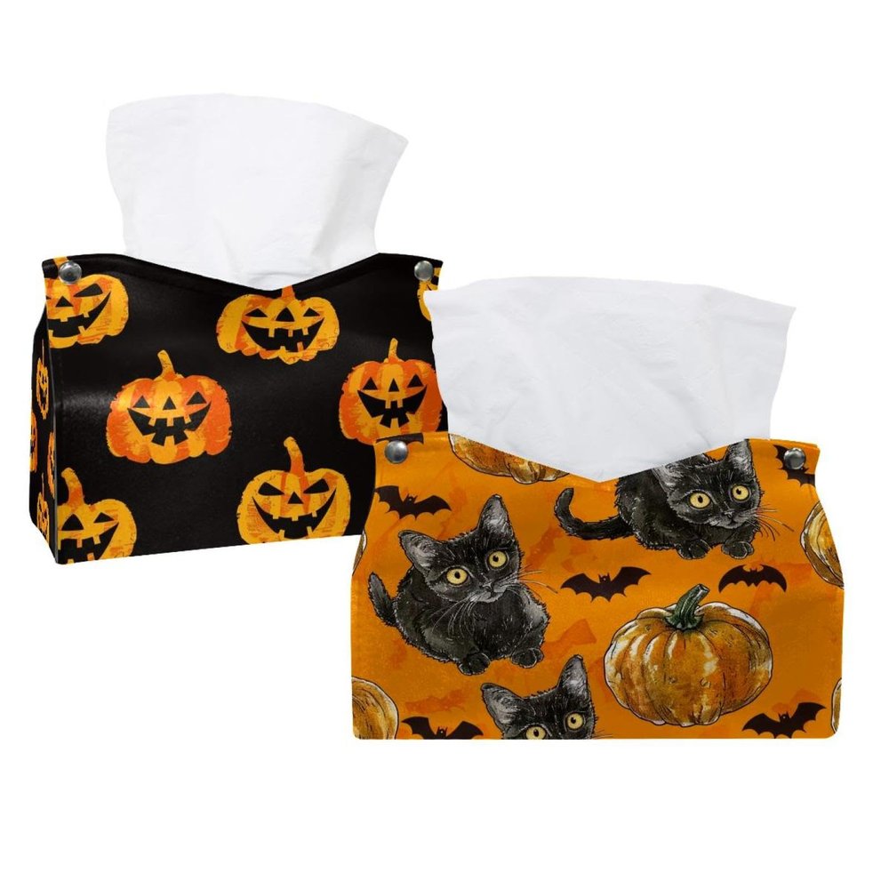2 pack Pumpkin and cat 2 Tissue Box Cover, Decorative Tissue Box Dispenser for Bathroom, Parlors, Office, Bedroom Dresser, Vanity Countertop, Nightstand, Car, and Desk