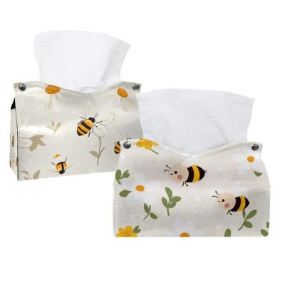 2 pack white flower and bee (31) Tissue Box Cover, Decorative Tissue Box Dispenser for Bathroom, Parlors, Office, Bedroom Dresser, Vanity Countertop, Nightstand, Car, and Desk