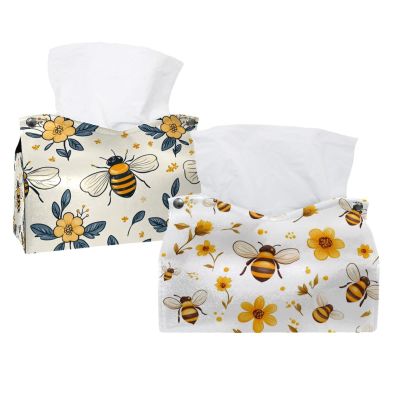 2 pack cute bee honey flower (15) Tissue Box Cover Leather Facial Tissue Dispenser Box Holder for Dresser Bathroom Decorative
