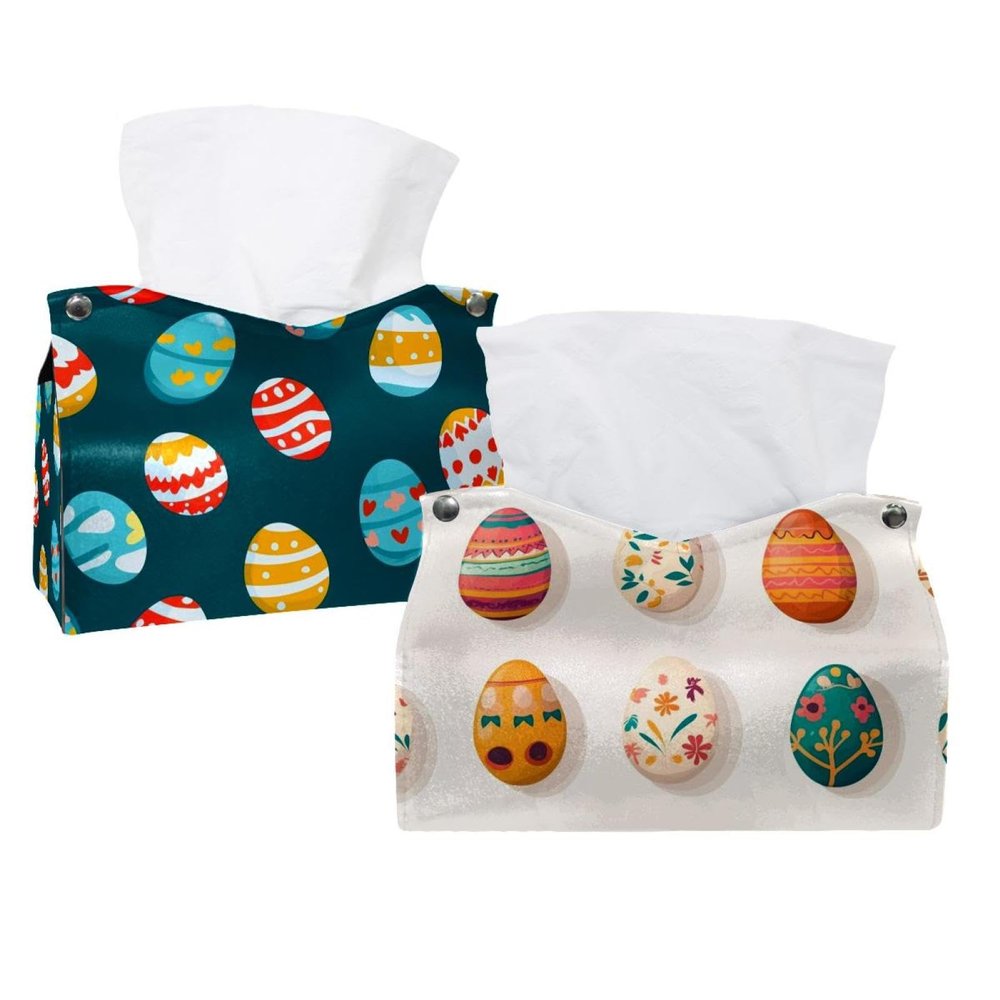 2 pack Easter Eggs Flowers Tissue Box Cover Leather Facial Tissue Dispenser Box Holder for Dresser Bathroom Decorative