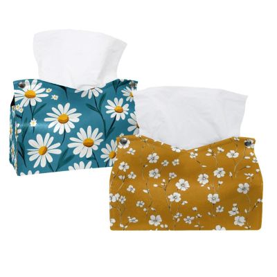 2 pack Simple vintage small white flower Tissue Box Cover, Decorative Tissue Box Dispenser for Bathroom, Parlors, Office, Bedroom Dresser, Vanity Countertop, Nightstand, Car, and Desk