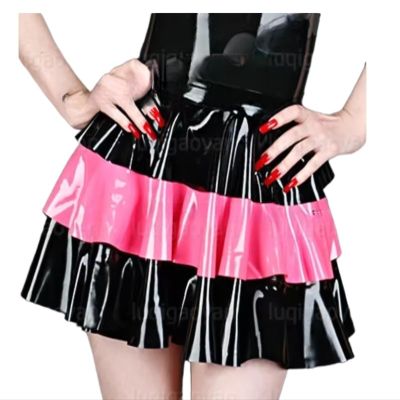 100% Latex Rubber Skirt 0.4mm Rock Dress Mini Catsuit Cosplay Uniform Women,Pink,6XL