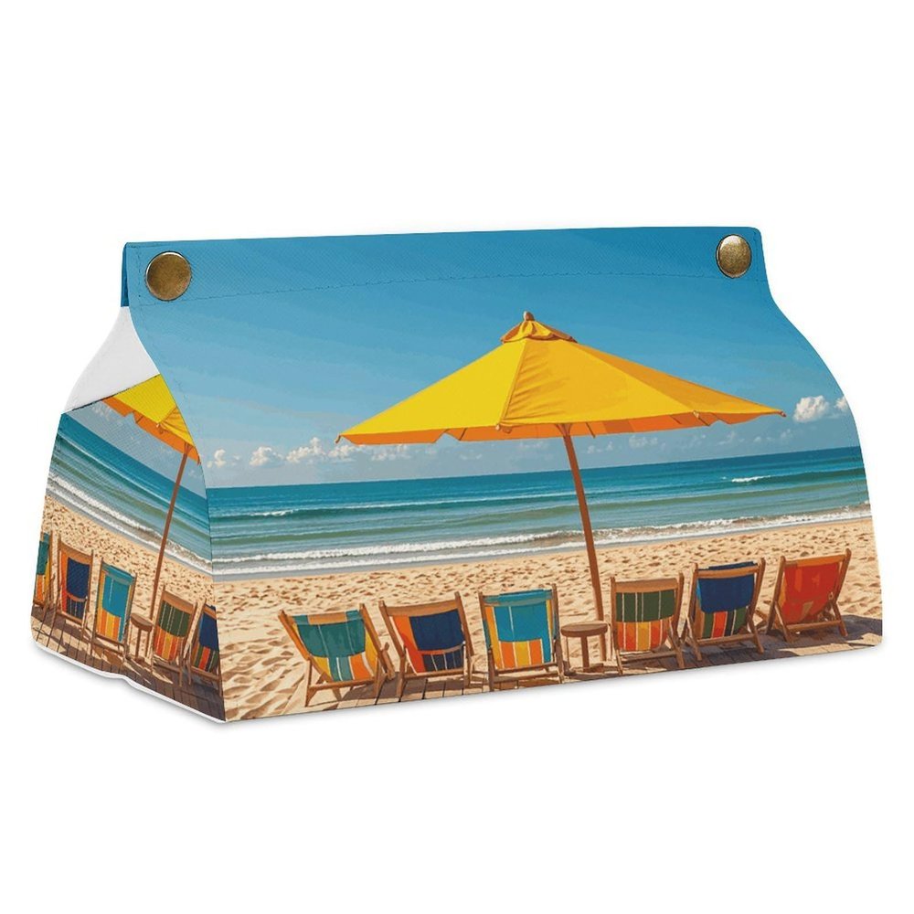 Beach Scene with Chairs Tissue Box Cover Easy Access, Stylish PU Leather Tissue Box Holder for Home, Office, Car, Desk Tabletop Decor