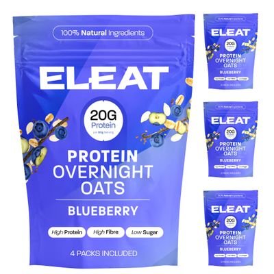 ELEAT | High Protein Overnight Oats | Blueberry & Vanilla | Low Sugar Breakfast | High Fibre Porridge | Gluten Free & Vegan | 4 x 400g