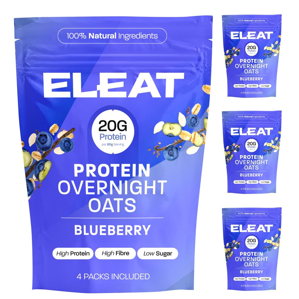 ELEAT | High Protein Overnight Oats | Blueberry & Vanilla | Low Sugar Breakfast | High Fibre Porridge | Gluten Free & Vegan | 4 x 400g