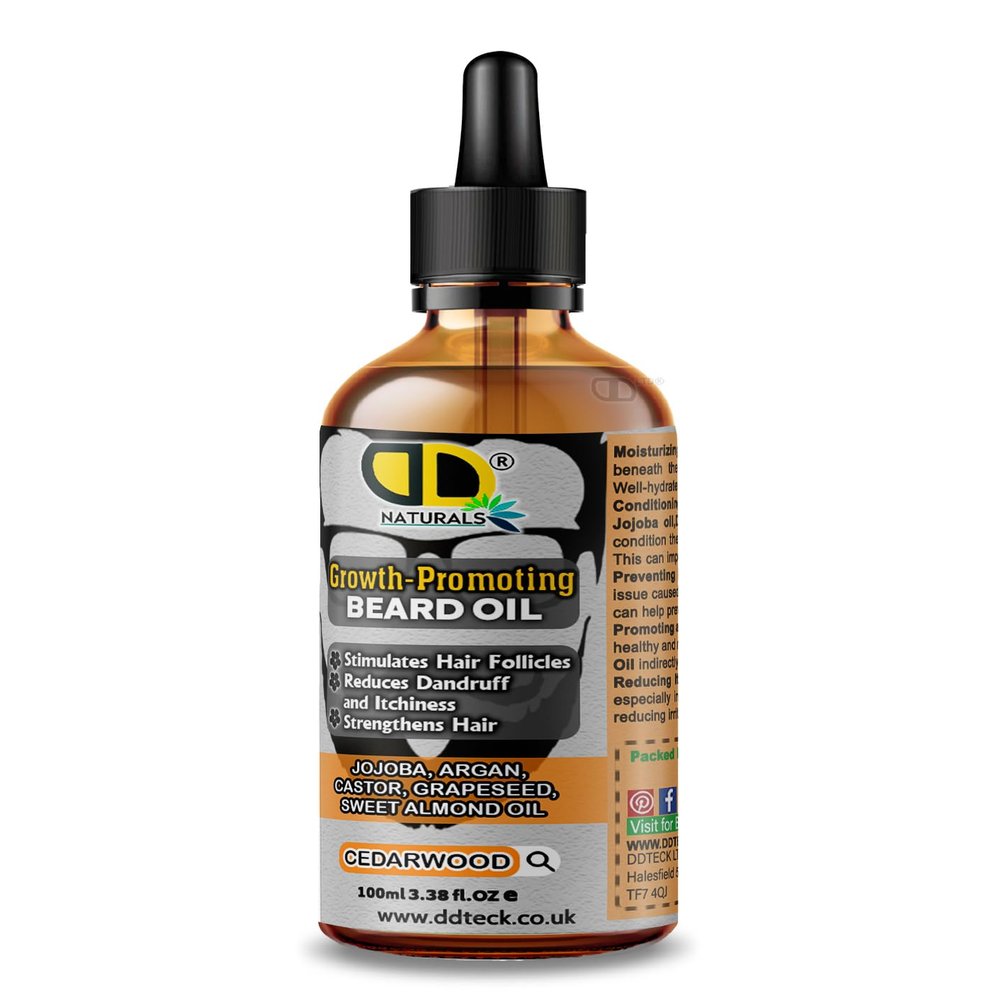 Beard Growth Oil for Men with Cedarwood Stimulates Hair Follicles, Strengthens & Moisturizes, Stops Itch & Dandruff Jojoba, Argan, Castor, Grapeseed, Almond Oil (100ml Glass Dropper)