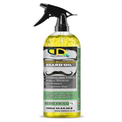 DD Teck Beard Growth Oil for Men with Peppermint Stimulates Hair Follicles, Strengthens & Moisturizes, Stops Itch & Dandruff Jojoba, Argan, Castor, Grapeseed, Almond Oil (1000ml Cap)