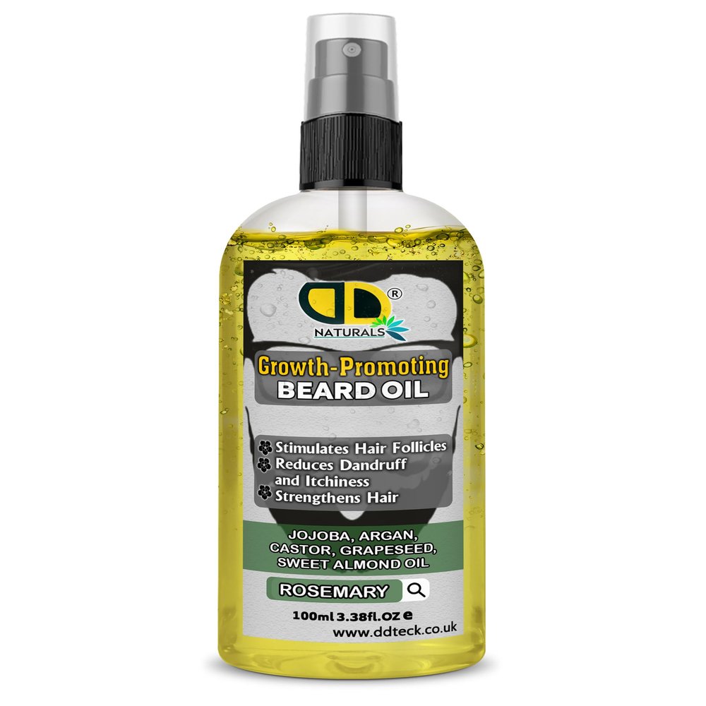 DD Teck Beard Growth Oil for Men with Rosemary Stimulates Hair Follicles, Strengthens & Moisturizes, Stops Itch & Dandruff Jojoba, Argan, Castor, Grapeseed, Almond Oil (100ml Spray)