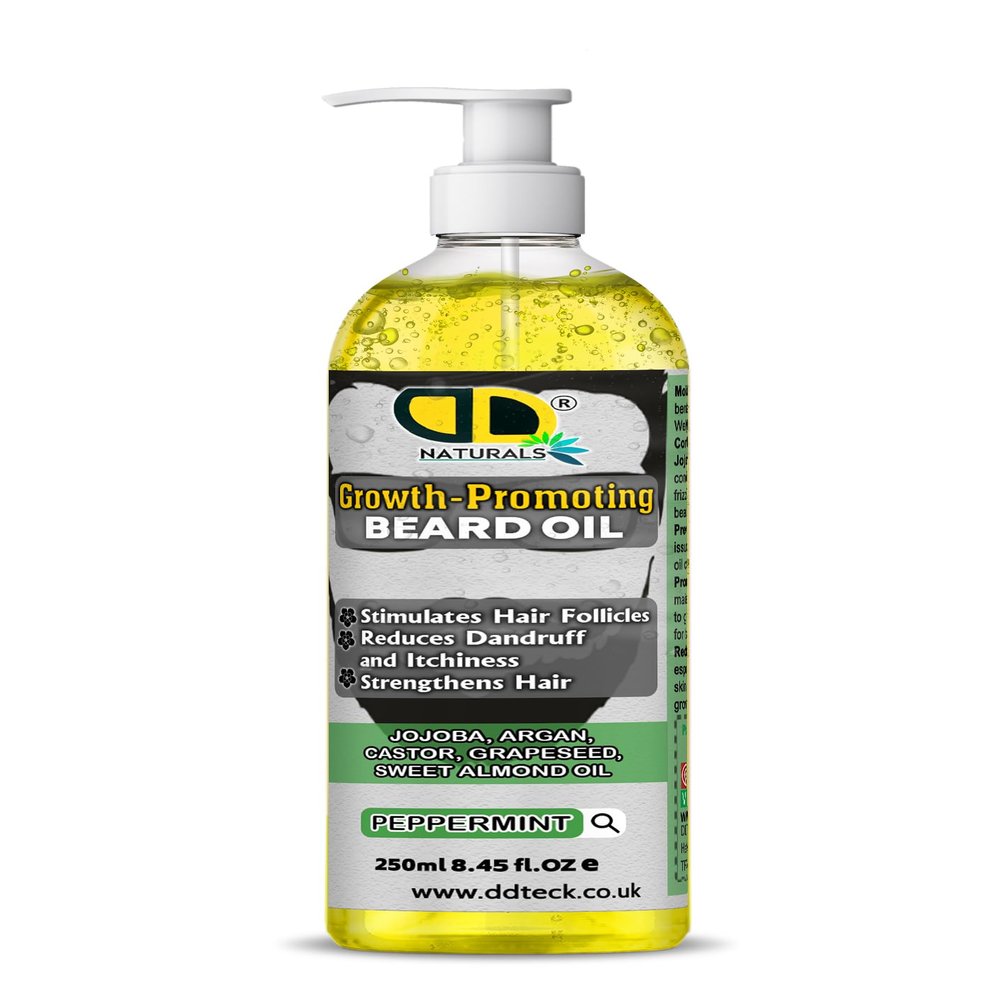 DD Teck Beard Growth Oil for Men with Peppermint Stimulates Hair Follicles, Strengthens & Moisturizes, Stops Itch & Dandruff Jojoba, Argan, Castor, Grapeseed, Almond Oil (250ml Pump)