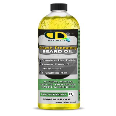 DD Teck Beard Growth Oil for Men with Peppermint Stimulates Hair Follicles, Strengthens & Moisturizes, Stops Itch & Dandruff Jojoba, Argan, Castor, Grapeseed, Almond Oil (500ml)