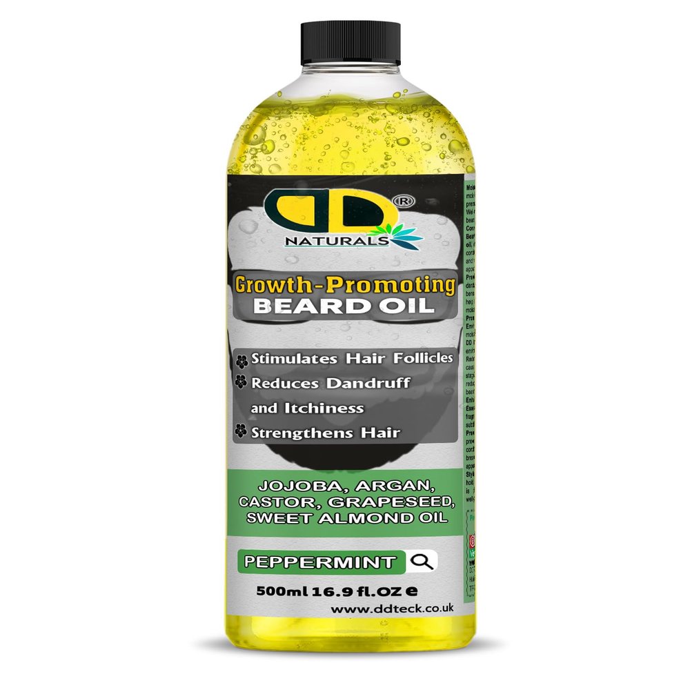 DD Teck Beard Growth Oil for Men with Peppermint Stimulates Hair Follicles, Strengthens & Moisturizes, Stops Itch & Dandruff Jojoba, Argan, Castor, Grapeseed, Almond Oil (500ml)
