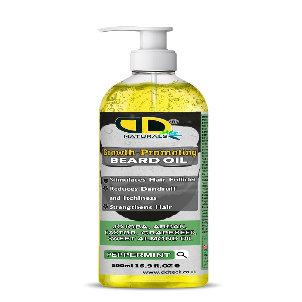 Beard Growth Oil for Men with Peppermint Stimulates Hair Follicles, Strengthens & Moisturizes, Stops Itch & Dandruff Jojoba, Argan, Castor, Grapeseed, Almond Oil (500ml Pump)