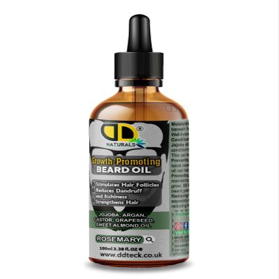 DD Teck Beard Growth Oil for Men with Rosemary Stimulates Hair Follicles, Strengthens & Moisturizes, Stops Itch & Dandruff Jojoba, Argan, Castor, Grapeseed, Almond Oil (100ml Glass Dropper)
