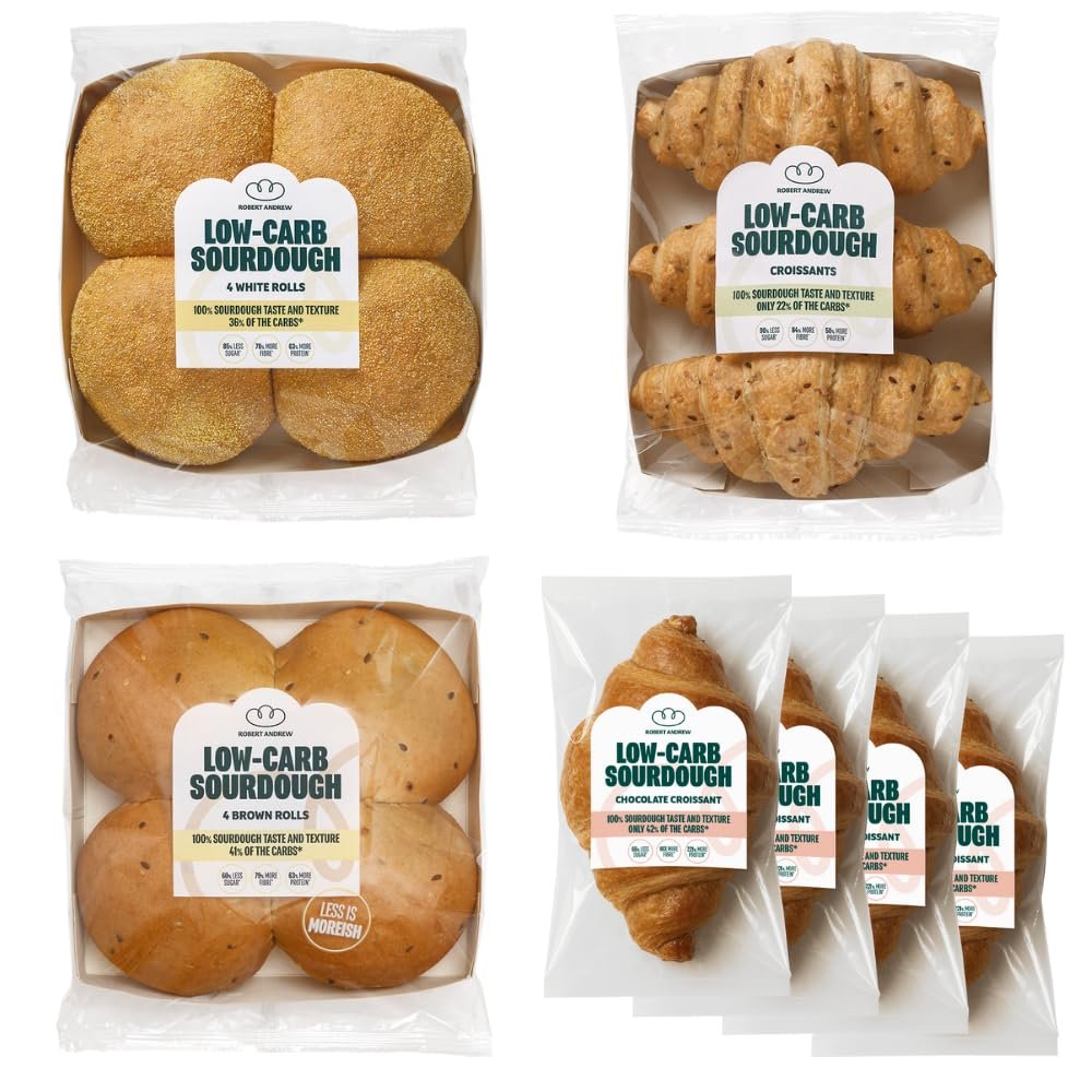 ROBERT ANDREW Low-Carb Sourdough Picnic Bundle, High-Protein & Fibre, Freshly Baked Bread, Freezer Friendly, White Rolls 4x60g, Brown Rolls 4x60g, Croissants 3x90g, Chocolate Croissant 4x110G