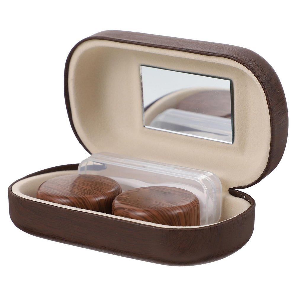 BESTYASH Brown Leak-Proof Contact Lens Box with Leather Lining and Plastic Material Lightweight and Easy to Carry Portable Lens Holder with Clip and Small Mirror