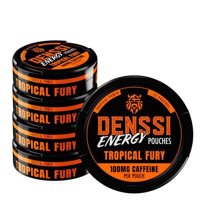 Denssi Energy Pouches 100mg Sugar-Free Caffeine Nootropic Pouches for Focus & Energy Delicious Flavor, Made in USA Alternative to Energy Drinks (5-Pack, Tropical Fury (Tropical Punch))