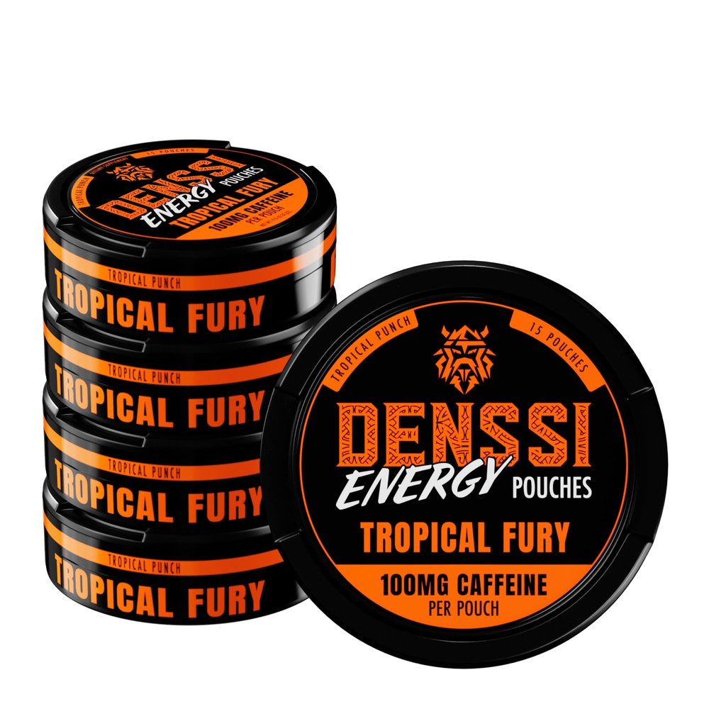 Denssi Energy Pouches 100mg Sugar-Free Caffeine Nootropic Pouches for Focus & Energy Delicious Flavor, Made in USA Alternative to Energy Drinks (5-Pack, Tropical Fury (Tropical Punch))