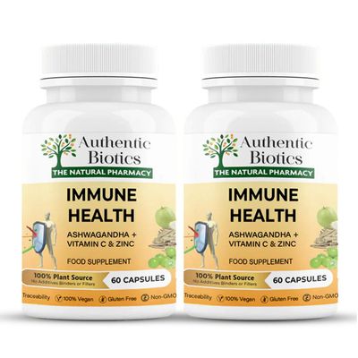 Authentic Biotics Ashwagandha KSM-66 with Vitamin C & Zinc 60 Vegan Immunity Support Capsules | Plant-Based Multivitamin & Mineral Supplement for Stress, Energy & Immune Health | Pack of 2