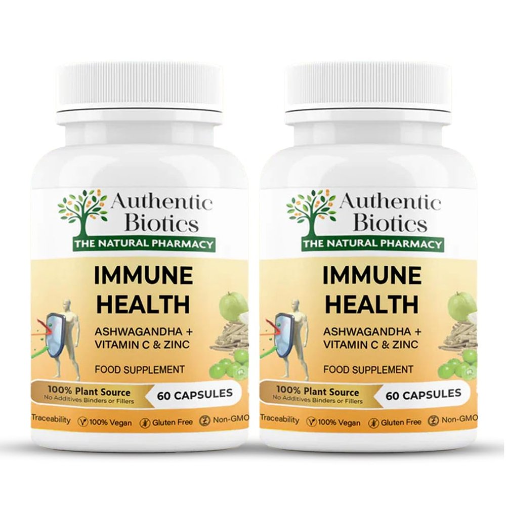 Authentic Biotics Ashwagandha KSM-66 with Vitamin C & Zinc 60 Vegan Immunity Support Capsules | Plant-Based Multivitamin & Mineral Supplement for Stress, Energy & Immune Health | Pack of 2