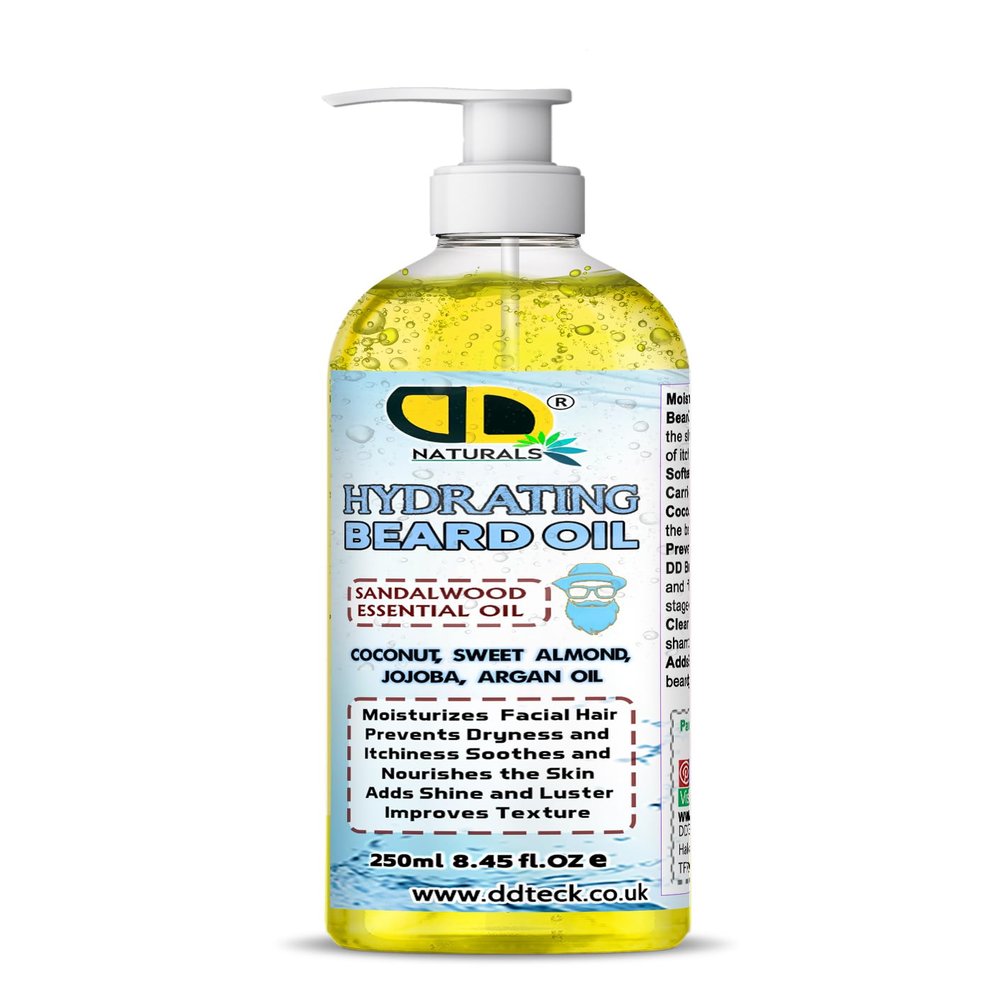 DD Teck Hydrating Beard Oil for Men With Sandalwood Aroma | Soothes Dryness & Itch | Softens Beard,Promotes Healthy Growth, Shine & Softness, Supports Growth, Non-Greasy Formula (250ml Pump)