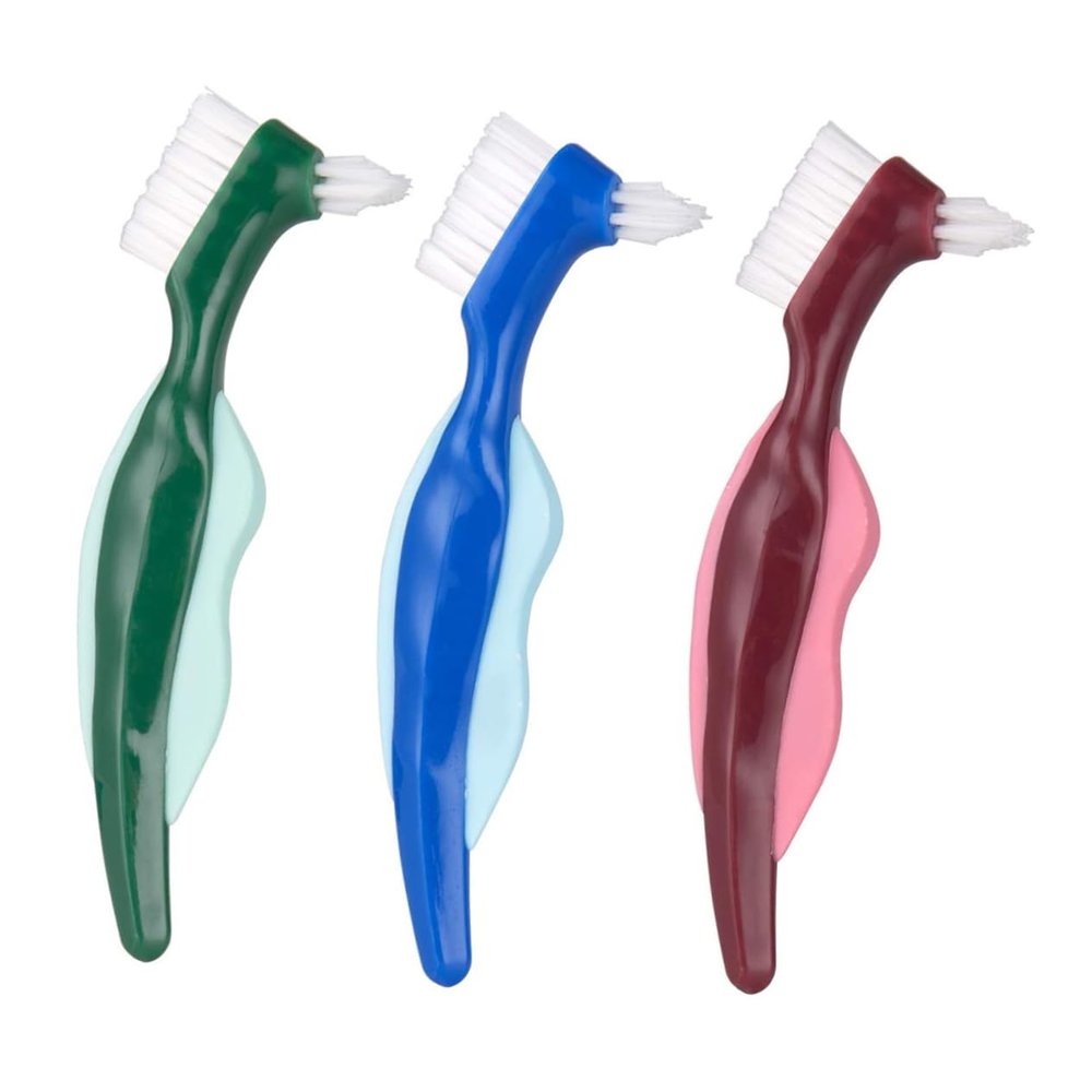 Beatifufu 3pcs Denture Cleaning Brush Dual Head False Teeth Brush with Long Handle Design and Stiff Hair Lightweight Plastic Double Sided Toothbrush for Effective Denture Care