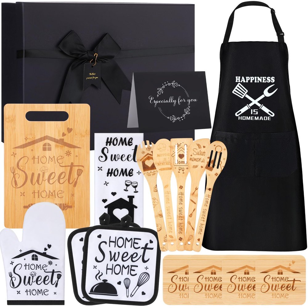 Patelai 17 Pcs House Warming Gifts New Home, Housewarming Gift Basket for New Homeowner Sweet Couples Home Supplies Include Apron Bamboo Spoons Cutting Board Gloves Cards with Black Present Box