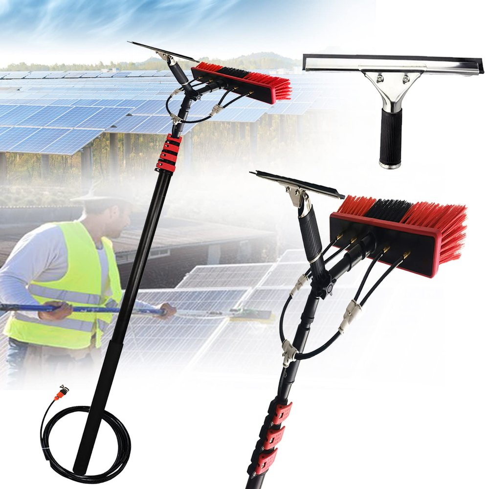 Telescopic Window Cleaning Pole with Water Fed Brush, 18FT Extendable Cleaner for Conservatory Roofs, Adjustable Angle Scraper for Photovoltaic Panel & Window Cleaning