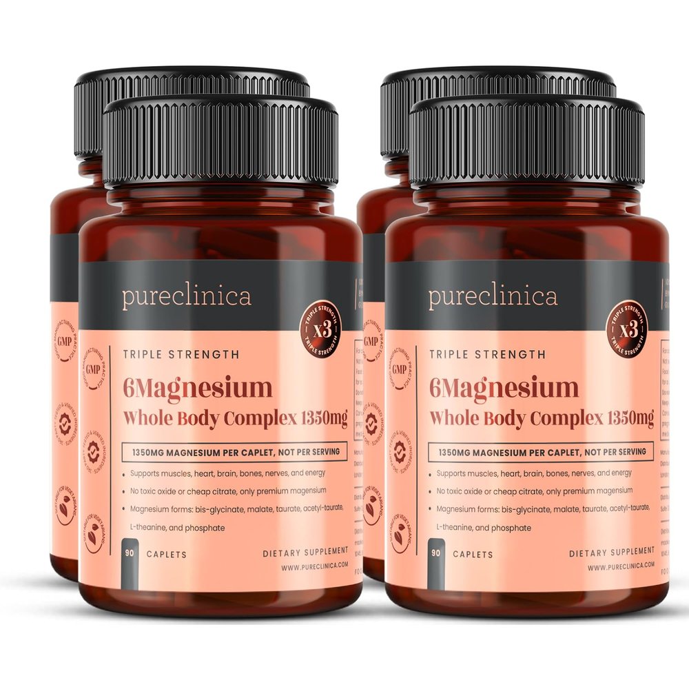 Triple Strength Magnesium Whole Body Complex 1350mg x 360 Caplets (4 Bottles of 90) 247mg Elemental Magnesium 6 Superior Forms for Muscle, Heart, Brain & Bone Support 12 Months Supply