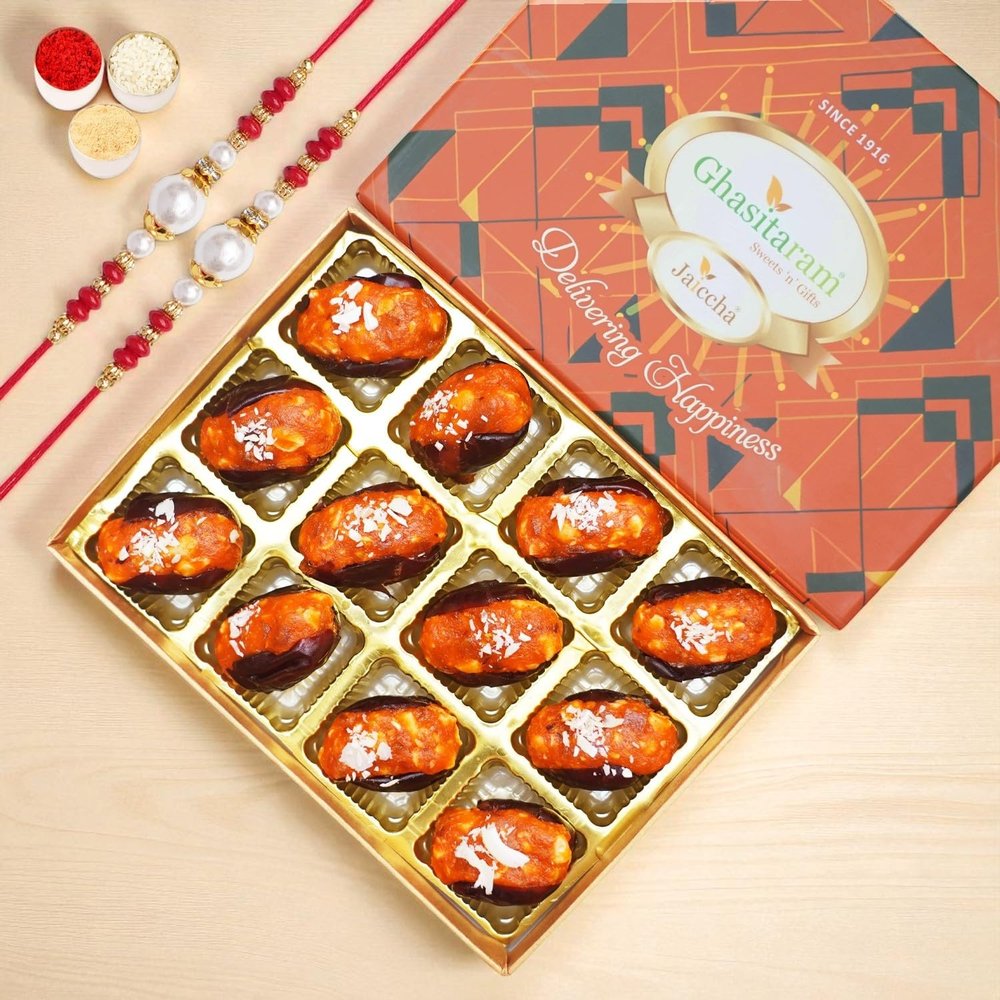 Ghasitaram Gifts Jaiccha Rakhi for Brother - Orange Stuffed Dates 12 pcs in Premium Box with 2 rakhis