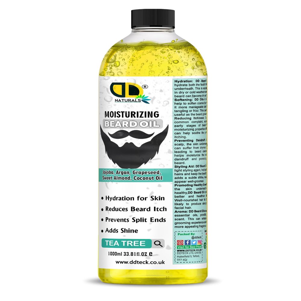 DD Teck Tea Tree Moisturizing Oil for Men Promotes Hair Growth, Conditions & Nourishes Facial Hair, Hydrates Skin, Repairs Dry Hair Grooming & Styling Care (1000ml Cap)
