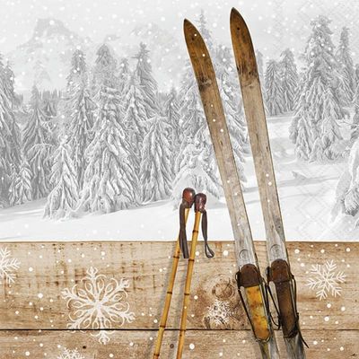 20 Napkins Christmas Skis on Wood Table Decoration Paper Napkins with Motif Also for Decoupage and Decoupage 33 x 33 cm
