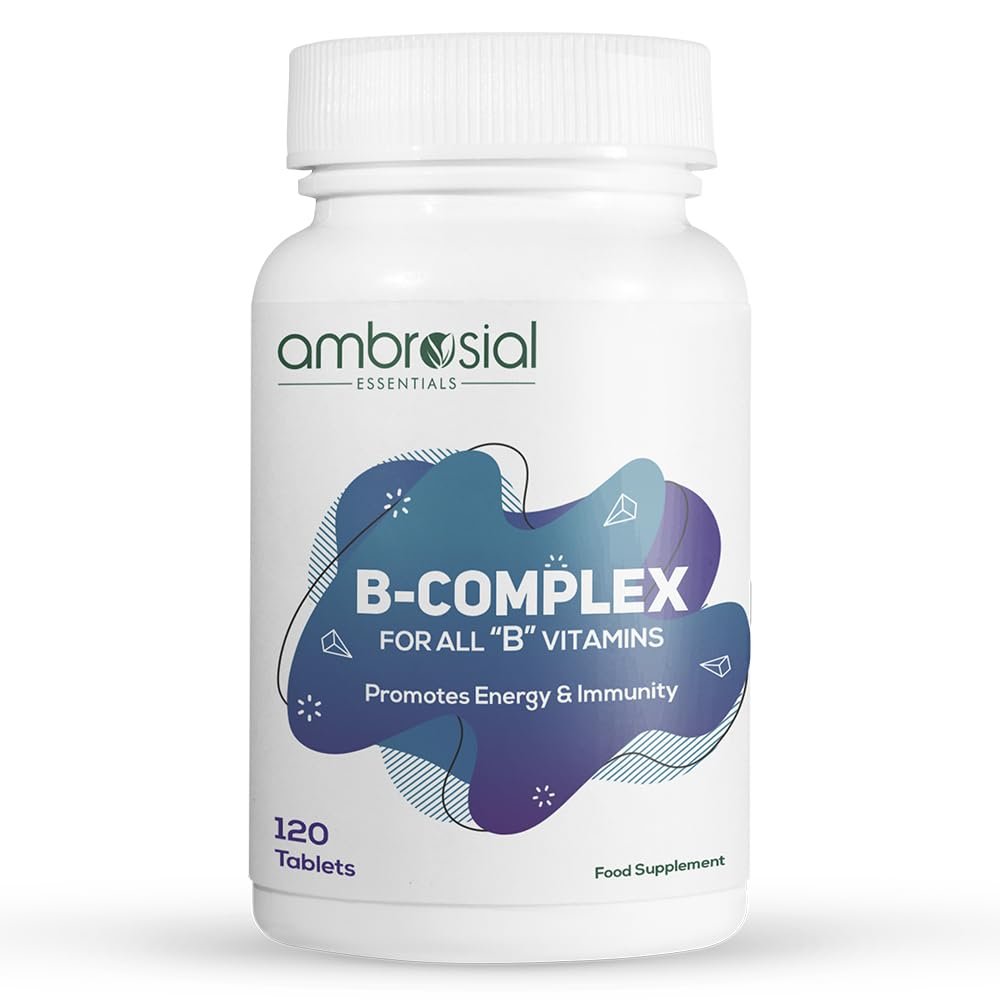 Ambrosial B-Complex Tablets with Vitamin B1, B2, B3, B5, B6, B9, B12 & Biotin | Complete B-Vitamin Supplement | 120 Vegetarian Tablets