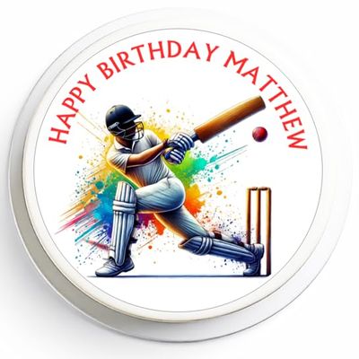 Personalised Cricket Cake Topper - 7" Round - Any Message - Edible Icing or Wafer - Batsman Cake Decoration (Edible Icing)
