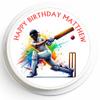 Personalised Cricket Cake Topper - 7" Round - Any Message - Edible Icing or Wafer - Batsman Cake Decoration (Edible Icing) view 1