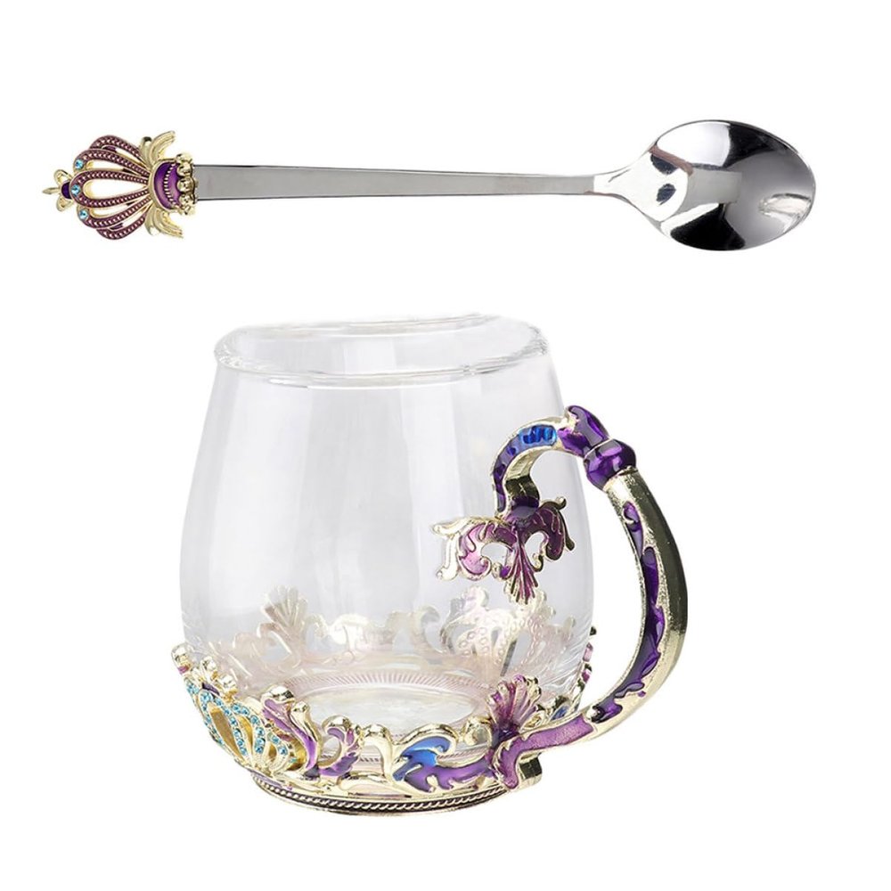 DINHEAROM Glass Tea Cup with Spoon, Crown Drinking Mug, Ergonomic Design, Explosion-Proof Glass, Unique Home Serveware for Tea and Everyday Use