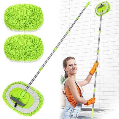 2 in 1 Lightweight Wall Cleaner Mop with Long Handle 75" 190cm Ceiling Duster Lint-Free Chenille Fiber Mop for Kitchen Baseboard Floor Glass Window Roof Cleaning Washer Scrubber Brush Tool Wet Dry Use