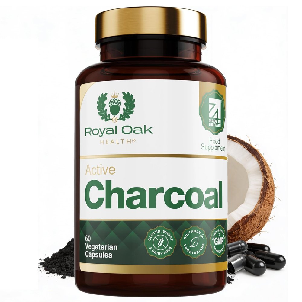 Royal Oak Health High Strength 450mg Steam Activated Coconut Charcoal Capsules | 2 Month Supply | Natural Detox & Gas Relief | 60 Vegan Capsules | UK Made