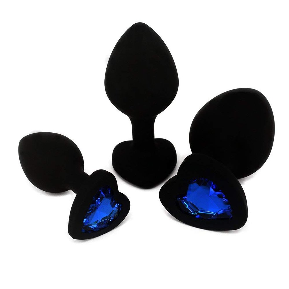 Anal Sex Trainer 3PCS Kit Heart Silicone Jeweled Butt Plugs (Black)