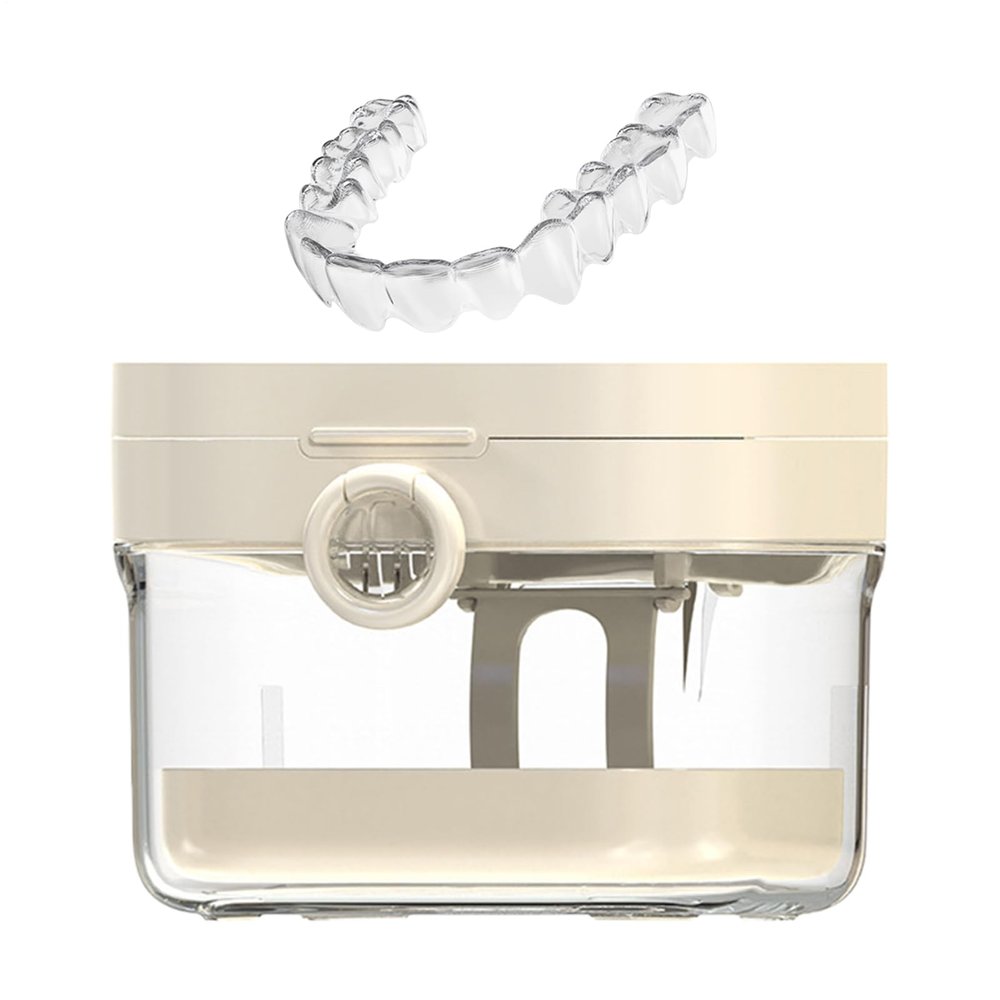 Monozoz Denture Holder Case for Soaking,Denture Bath Cup | Teeth Protection Cover Cleaning Tool Set with Mirror for Teen Girl Boy Child Elderly Women Men Night Guard Retainer