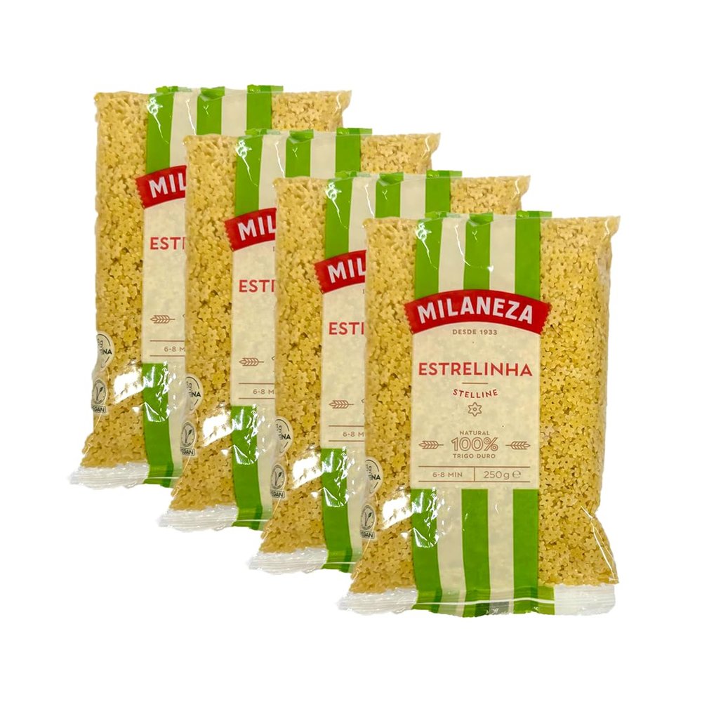 Milaneza Estrelinha Pasta 250G Star Shaped Durum Wheat Pasta Ideal for Soups Product of Portugal Pack of 4