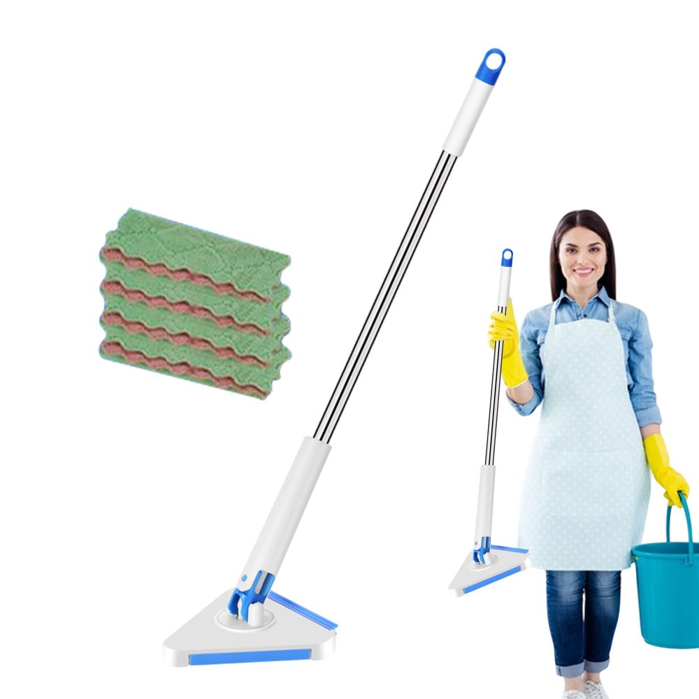 Tktouci Floor Mop | 360 Degree Rotatable Triangular Tile Mop with 4 Pads - Cleaner Tool 47 Inch Handle for Window Door Furniture House Bedroom