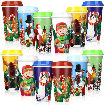 Tioncy 12 Pcs Christmas Reusable Coffee Cups Gift 16 oz with Lids Plastic Cups Travel Coffee Mug Thank You Gifts for Winter (Snowman)