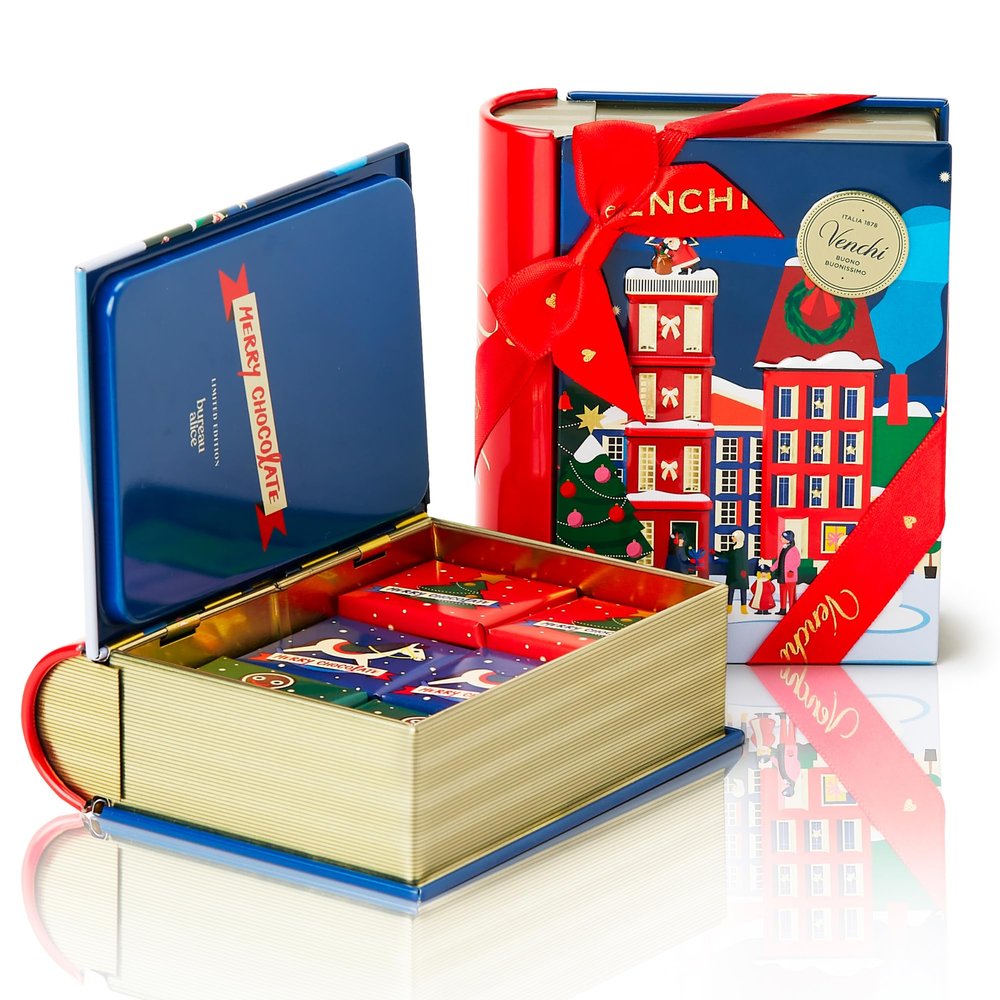 Venchi, Blue Christmas Mini Book with Assorted Granblend Chocolates, Milk and 75% Extra Dark, Limited Edition, 126 g, Gluten-Free, No Colourings or Preservatives, Gift Idea
