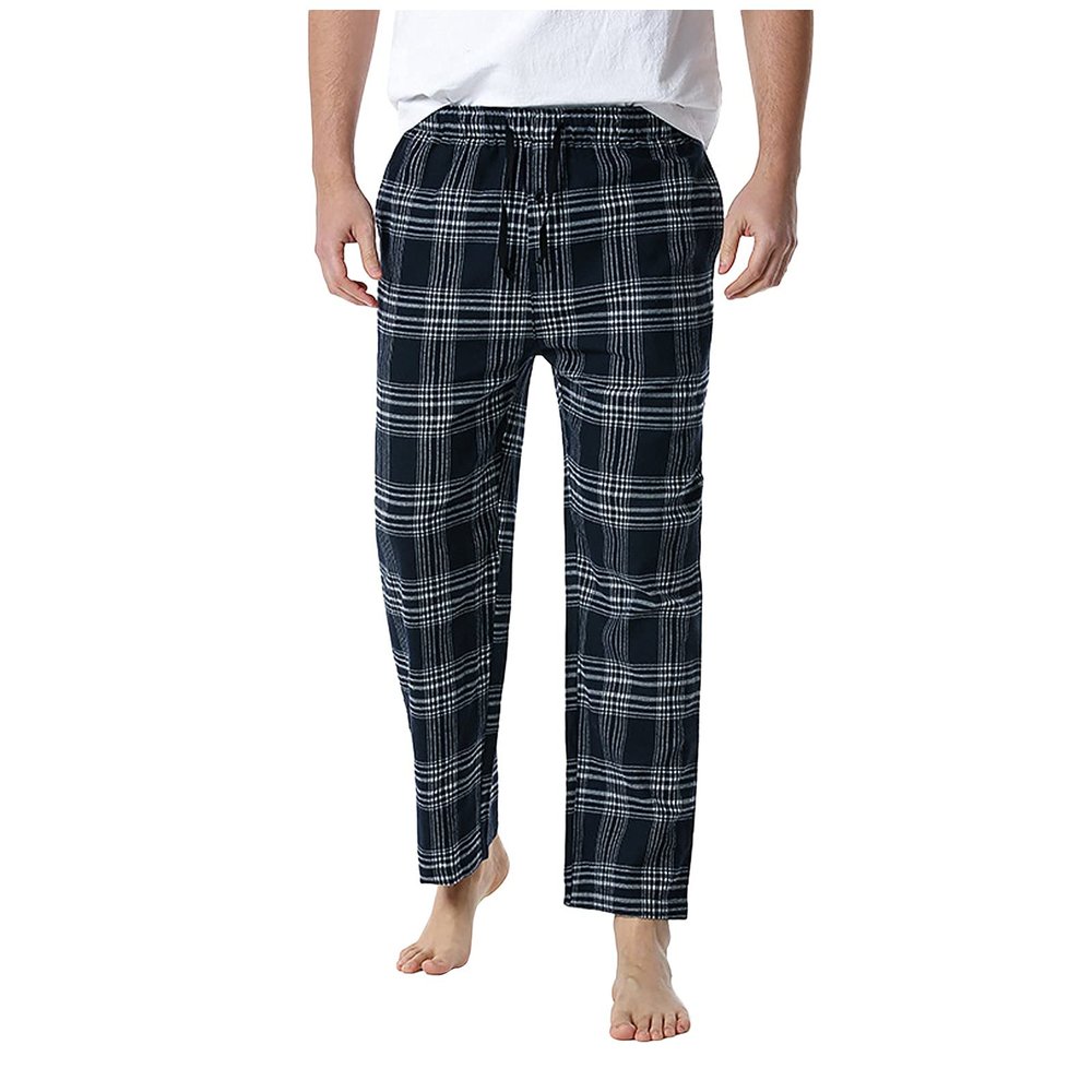 Mens Pyjama Bottoms Linen Nightwear Plaid Pajama Pants Sleepwear Lounge Pants, PJs Bottoms with Pockets Drawstring Gingham Trousers Men Black L