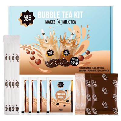 TeaJoy Bubble Tea Kit Classic & Brown Sugar (Makes 4 Drinks) | Milk Tea & Brown Sugar Tea Powders with Instant Tapioca Pearls | Just Add Milk & Ice | Vegan & Dairy-Free | Boba Straw & Cup