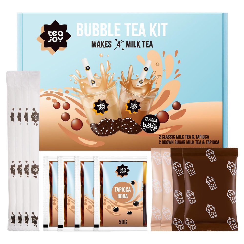 TeaJoy Bubble Tea Kit Classic & Brown Sugar (Makes 4 Drinks) | Milk Tea & Brown Sugar Tea Powders with Instant Tapioca Pearls | Just Add Milk & Ice | Vegan & Dairy-Free | Boba Straw & Cup
