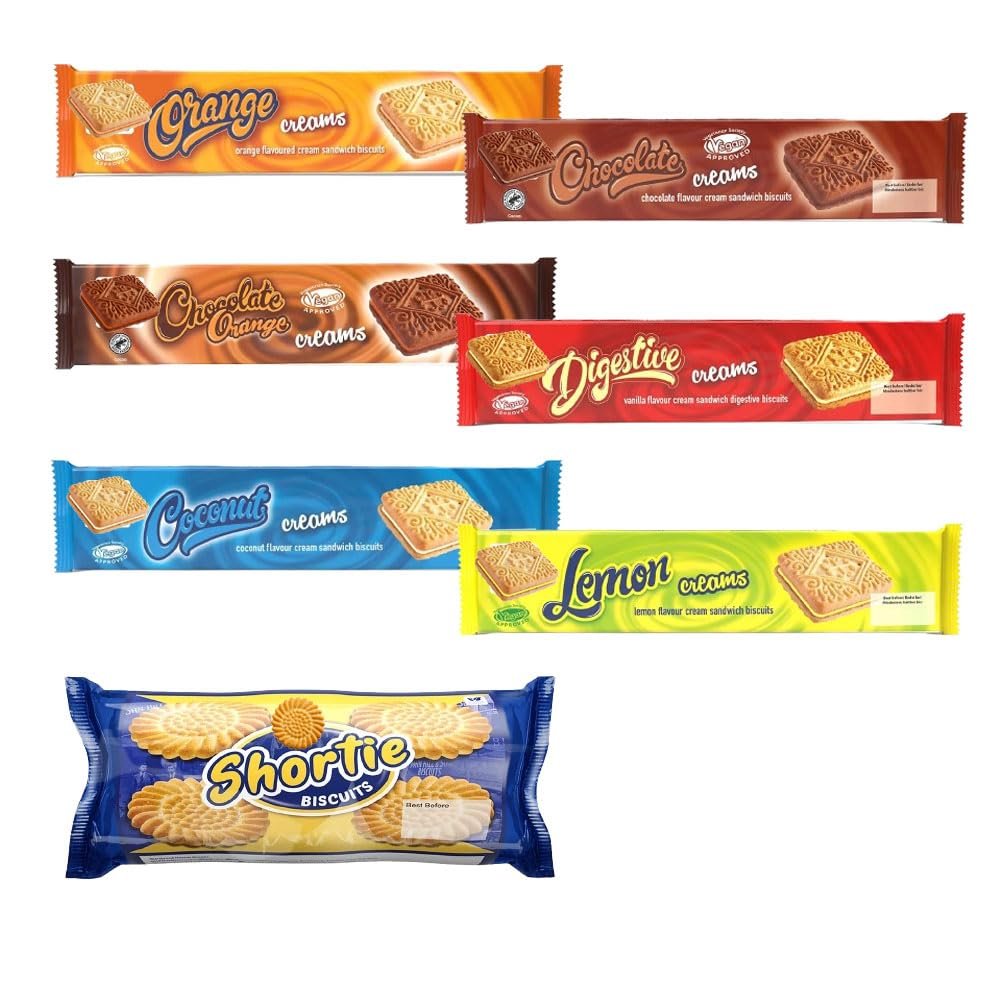 7 x Mixed Hilss Orange, Chocolate, Coconut, Chocolate Orange, Digestive, Lemon & Plain Shorties Creams Biscuits 150g