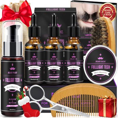 Beard Grooming Kit for Men w/3 Scented Beard Oil, Grapefruit Shampoo/Wash,Balm,Brush,Scissors,Comb,Complete Beard Care Kit for Men,Christmas Valentines Birthday Gifts for Him Dad Boyfriend Husband