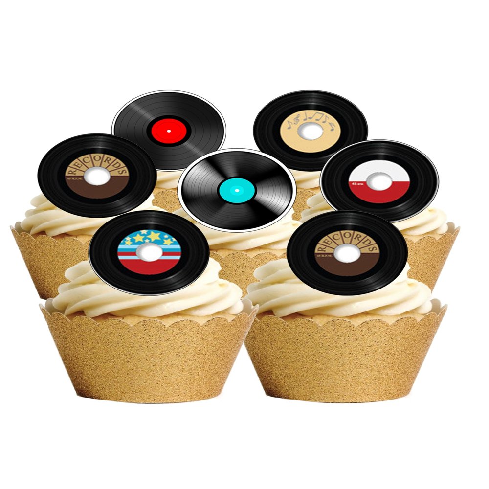 12 Pre-Cut Vinyl Records Design Edible Wafer Paper Cake Toppers Decorations
